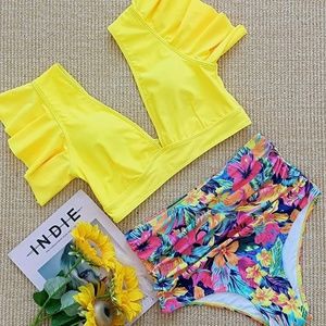 Women Ruffle High Waist Swimsuit Two Pieces Push Up Tropical Print Bikini Size S